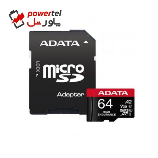 کارت حافظه   microSD  ای دیتا مدل HIGH ENDURANCE کلاس A2 V30 استاندارد UHS-I U3 سرعت 100MBps ظرفیت 64 گیگابایت به همراه آداپتور SD