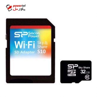 کارت حافظه microSDHC WiFi سیلیکون پاور مدل Sky Share S10 کلاس 10 استاندارد سرعت 85MBps ظرفیت 32 گیگابایت به همراه آداپتور