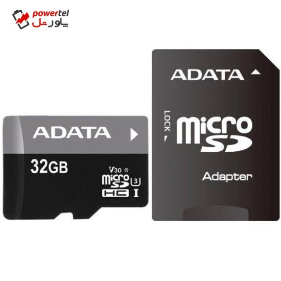 کارت حافظه microSDHC ای دیتا مدل Premier Pro V30 کلاس 10 استاندارد UHS-I U3 سرعت 95MBps همراه با آداپتور SD ظرفیت 32 گیگابایت