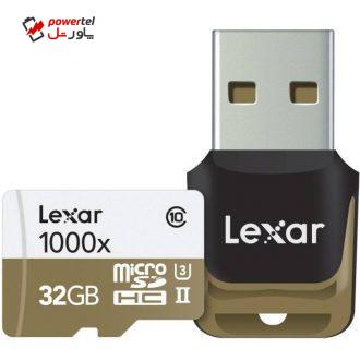 کارت حافظه microSDHC لکسار مدل Professional کلاس 10 استاندارد UHS-II U3 سرعت 1000X همراه با ریدر USB 3.0 ظرفیت 32 گیگابایت