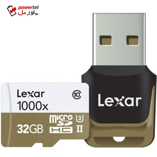 کارت حافظه microSDHC لکسار مدل Professional کلاس 10 استاندارد UHS-II U3 سرعت 1000X همراه با ریدر USB 3.0 ظرفیت 32 گیگابایت