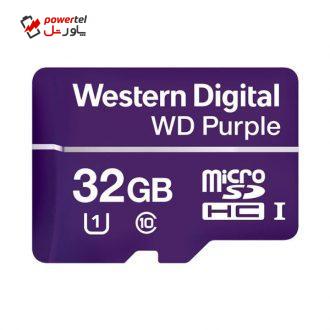 کارت حافظه microSDHC وسترن دیجیتال مدل Purple کلاس ۱۰ استاندارد UHS-1 U1 سرعت 100MBps ظرفیت ۳۲ گیگابایت