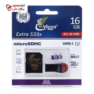 کارت حافظه microSDHC ویکو من مدل Extra 533X کلاس 10 استاندارد UHS-I U1 سرعت 80MBps ظرفیت 16 گیگابایت همراه با کارت خوان usb و آداپتور SD