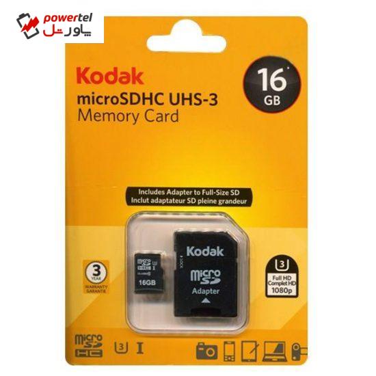 کارت حافظه microSDHC کداک کلاس 10 استاندارد UHS-I U3 سرعت 90MBps همراه با آداپتور SD ظرفیت 16 گیگابایت