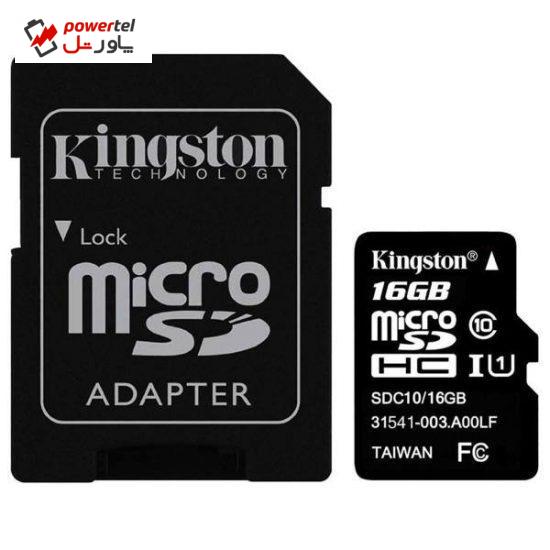 کارت حافظه microSDHC کینگستون کلاس 10 استاندارد UHC-I U1 سرعت 80MBps  ظرفیت 16 گیگابایت به همراه آداپتور SD