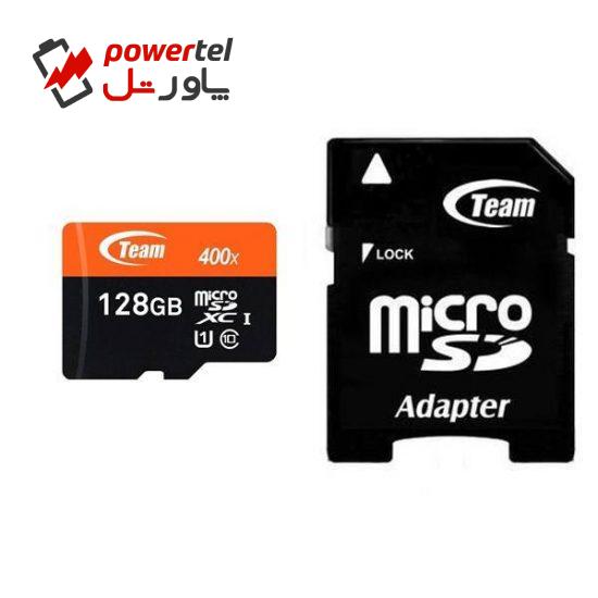 کارت حافظه microSDXC تیم گروپ کلاس 10 استاندارد UHS-I U1 سرعت 400X همراه با آداپتور SD ظرفیت 128 گیگابایت