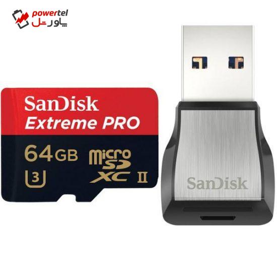 کارت حافظه microSDXC سن دیسک مدل Extreme PRO کلاس 10 استاندارد UHS-II U3 سرعت 275MBps همراه با ریدر USB 3.0 ظرفیت 64 گیگابایت