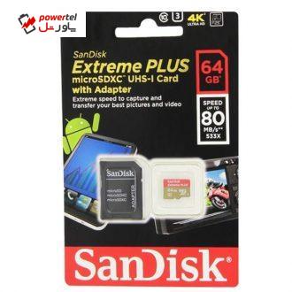 کارت حافظه microSDXC سن دیسک مدل Extreme Plus کلاس 10 استاندارد UHS-I U3 سرعت 80MBps 533X همراه با آداپتور SD ظرفیت 64 گیگابایت