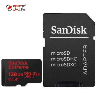 کارت حافظه microSDXC سن دیسک مدل Extreme V30 کلاس A1 استاندارد UHS-I U3 سرعت 100MBps 667X همراه با آداپتور SD ظرفیت 128 گیگابایت