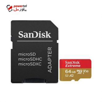 کارت حافظه microSDXC سن دیسک مدل Extreme V30 کلاس A2 استاندارد UHS-I U3 سرعت 100MBps 667X همراه با آداپتور SD ظرفیت 64 گیگابایت