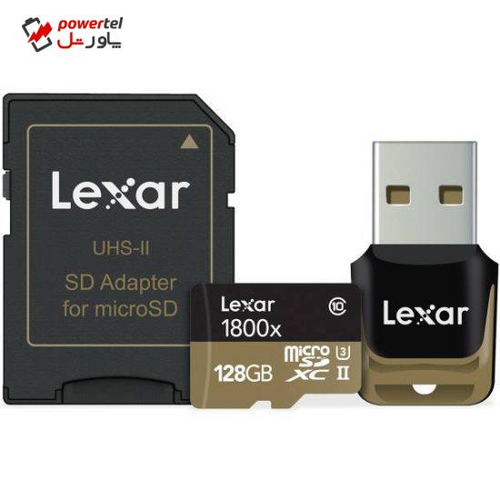 کارت حافظه microSDXC لکسار مدل Professional کلاس 10 استاندارد UHS-II U3 سرعت 1800X همراه با ریدر USB 3.0 و آداپتور - ظرفیت 128 گیگابایت