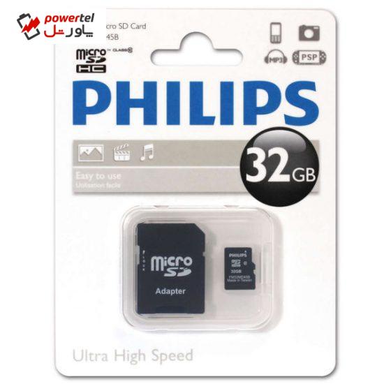 کارت حافظه‌ microSDHC فیلیپس مدل FM32MA45B کلاس 10 استاندارد U1 ظرفیت 32 گیگابایت به همراه آداپتور SD