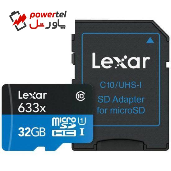 کارت حافظه‌ microSDHC لکسار مدل High-Performance کلاس 10 استاندارد UHS-I U1 سرعت 95MBps 633X همراه با آداپتور SD ظرفیت 32 گیگابایت