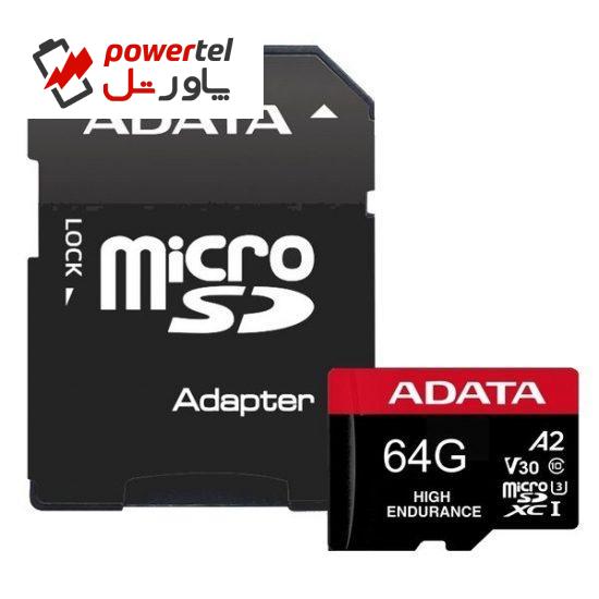 کارت حافظه‌ microSDXC ای دیتا مدل v30 4K کلاس 10 استاندارد UHS-I U3 سرعت 100MBps ظرفیت 64 گیگابایت به همراه آداپتور SD