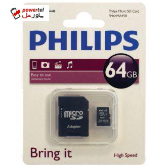 کارت حافظه‌ microSDXC فیلیپس مدل FM64MA45B  کلاس 10 ظرفیت 64گیگابایت به همراه آداپتور SD