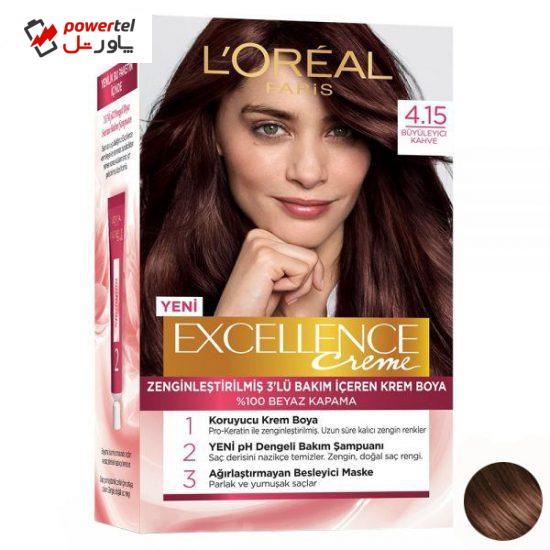 کیت رنگ مو لورآل مدل Excellence شماره 4.15 حجم 48 میلی لیتر رنگ قهوه ای ماهاگونی